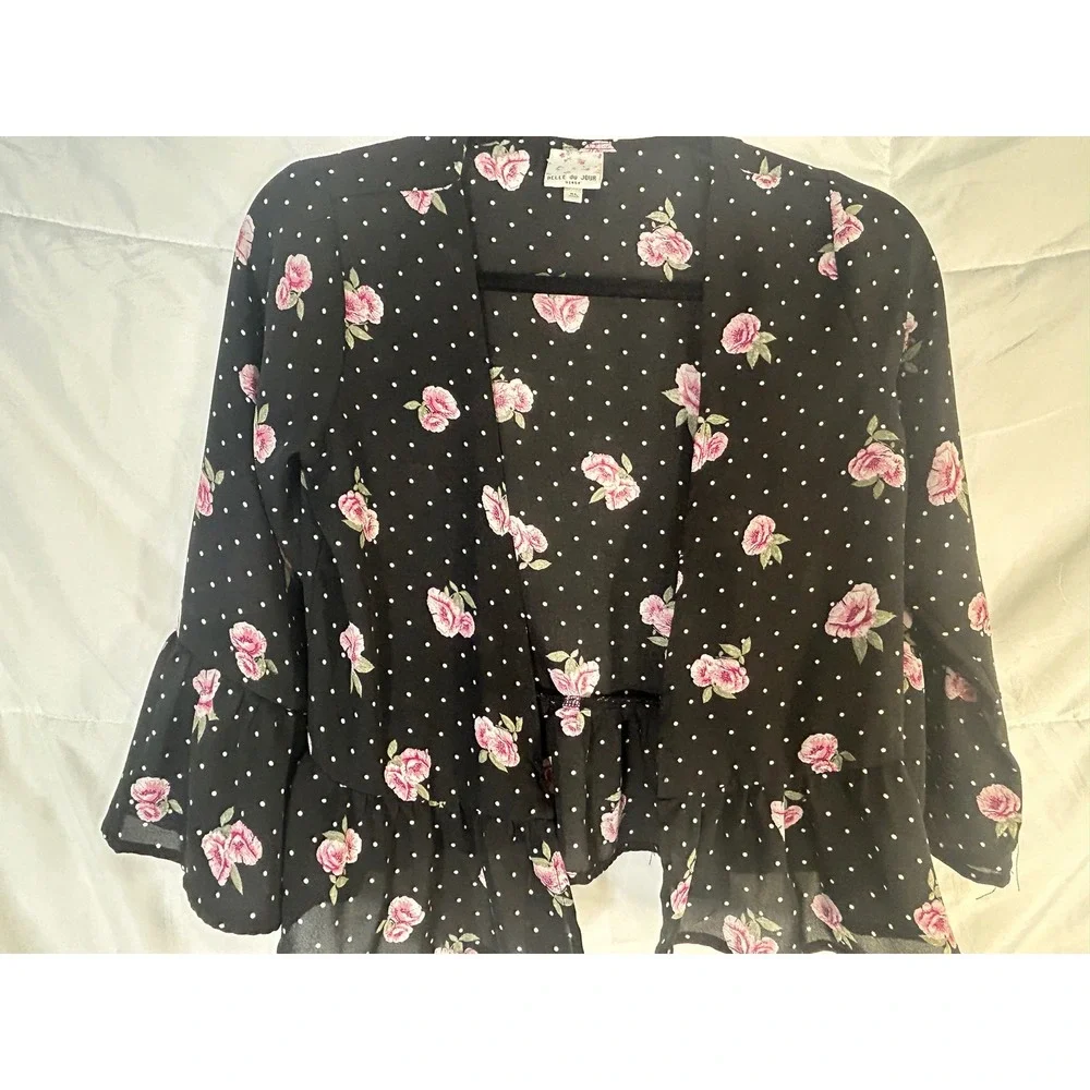 Belle du Jour Girls Black Floral Polka Dot Ruffle‎ Kimono Cardigan Top XL